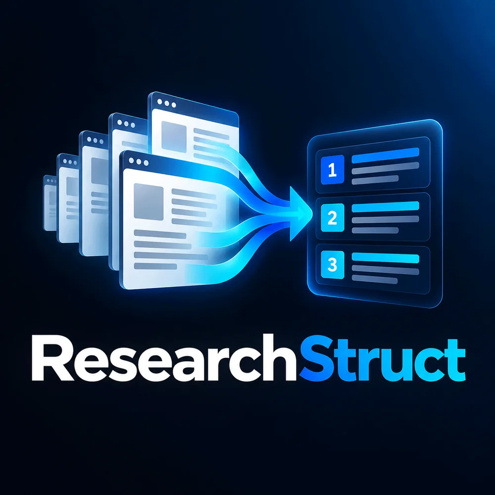 ResearchStruct logo artwork: several web pages merge into one ranked list of three results
