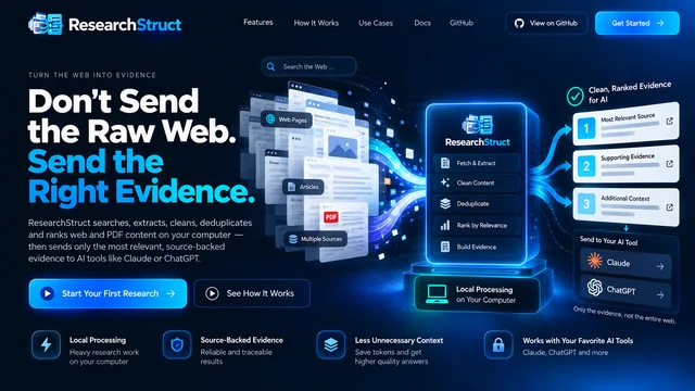 ResearchStruct: local web research that returns evidence instead of raw pages, preview image