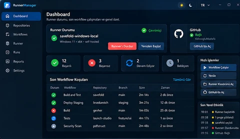 RunnerManager dashboard: runner status and the latest GitHub Actions runs in a Windows app