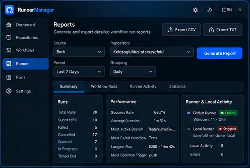 RunnerManager reports page: summary of runs for a period with CSV and TXT export buttons