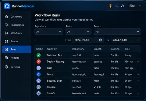 RunnerManager run history: workflow runs with repository, branch, duration and time, filtered by status and date