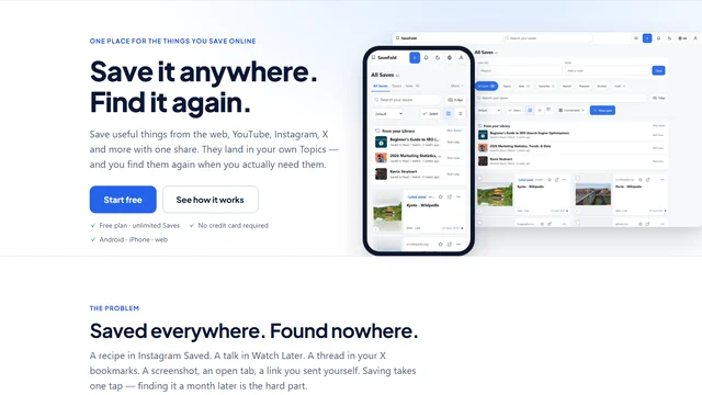 SaveFold app interface: saved links, topics and search on phone and desktop